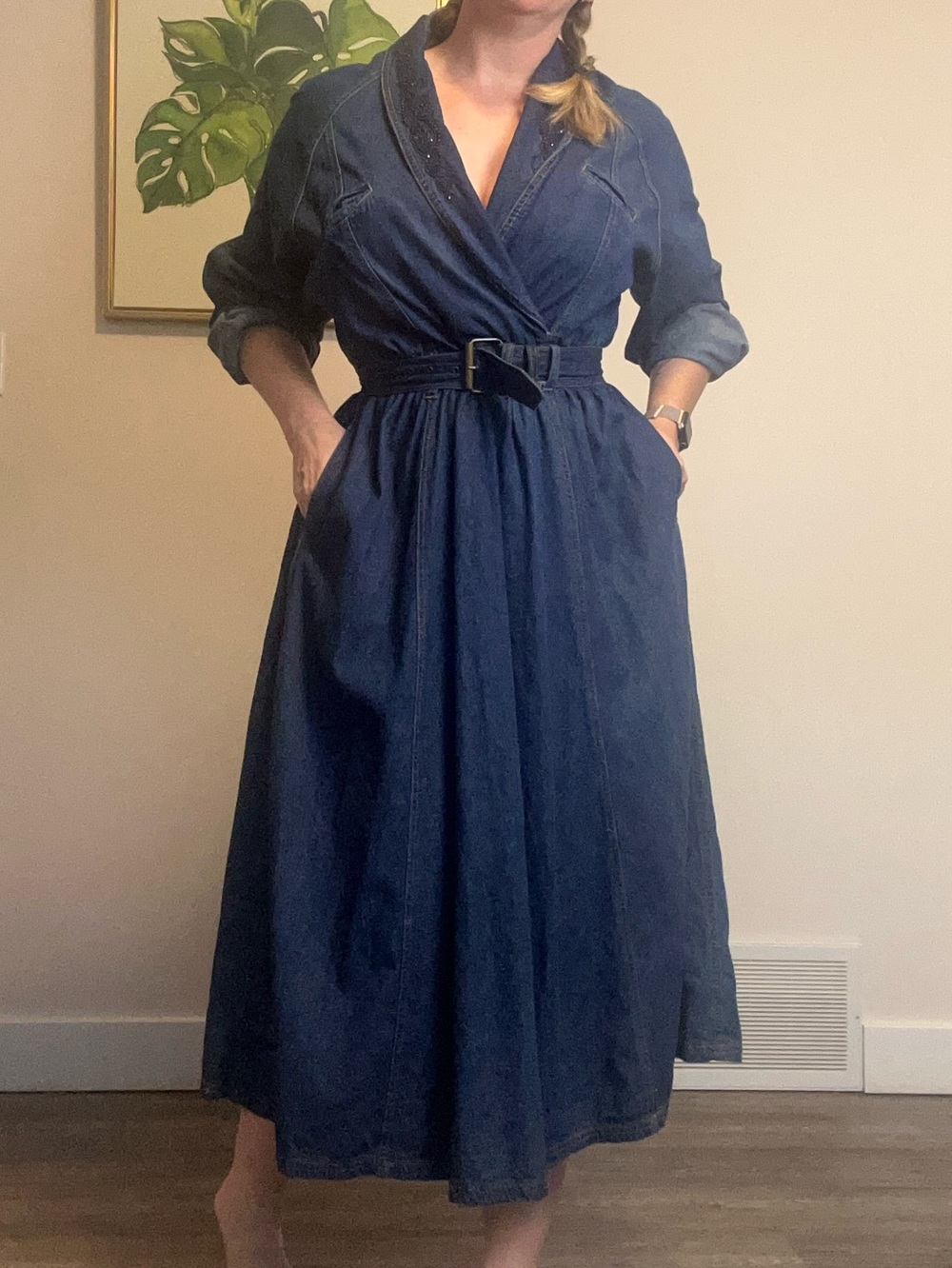 Vintage Together Dark Wash Denim Maxi Dress Beaded Collar Size 12